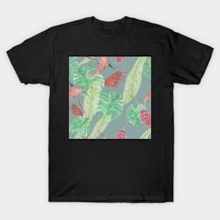 Blue Tropical Bird Pattern T-Shirt